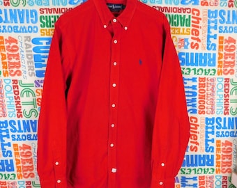 Camisa vintage de algodón de gamuza roja Polo Ralph Lauren de los años 90, color azul poni (L)