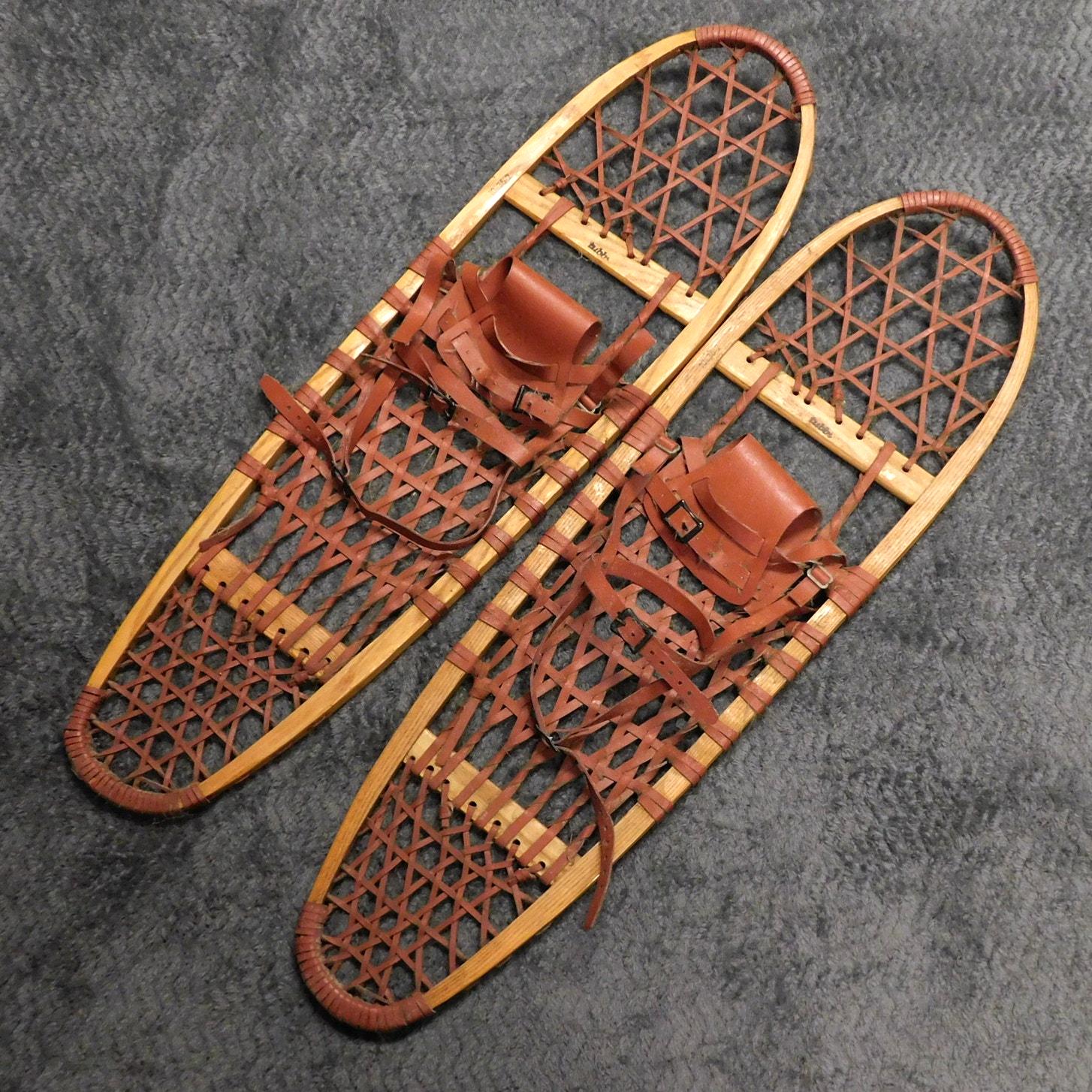 Vintage Kabir Kouba Wood & Rawhide Snowshoes W/ Leather Bindings 48 x 14 Vintage Kabir Kouba Wood & Rawhide Snowshoes W/ Leather  main image 4