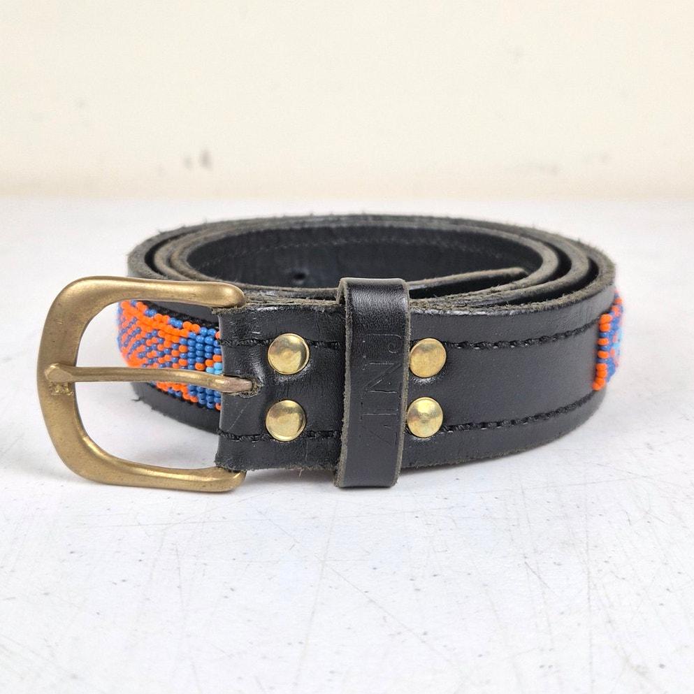Vintage ZINJ Black Leather Belt Beaded Aztec Pattern 46
