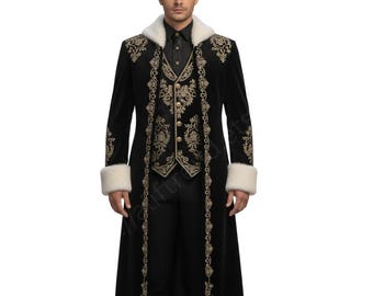 Victorian Black Velvet Christmas Coat - Gold Embroidery Overcoat, Faux Fur Trim Warm winter Coat, Gothic Steampunk Jacket For Formal Events