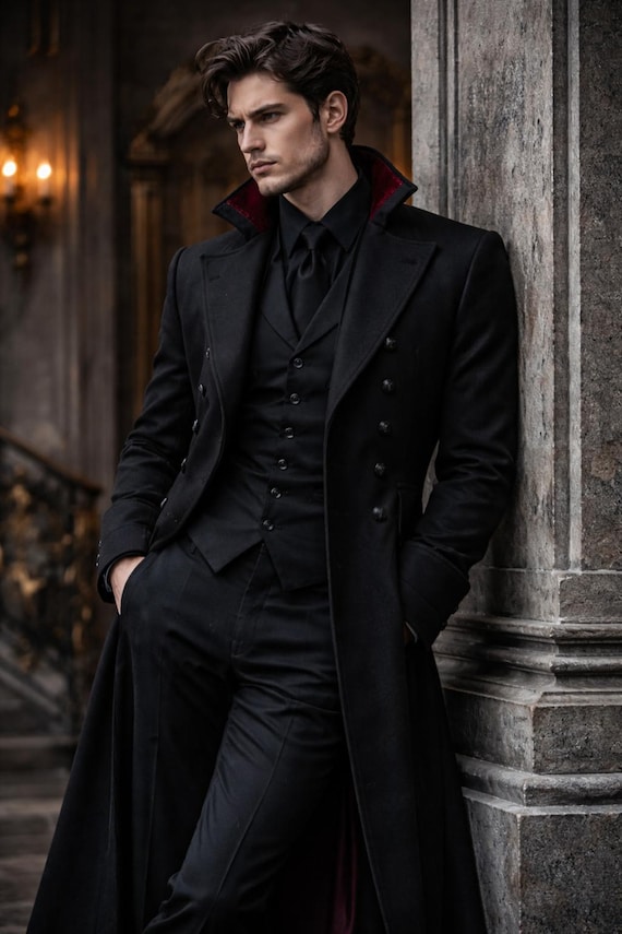 Victorian Gothic Men's Long Coat, Embroidered Black Steampunk Overcoat, Vampire Style Trench Coat, Elegant Winter Gothic Groom Fashion