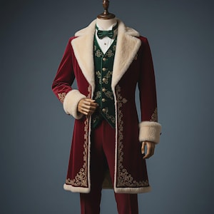 May include: A formal red velvet suit with gold embroidery, a cream-colored fur collar and cuffs, and a green velvet vest with gold buttons. The suit includes a matching bow tie.