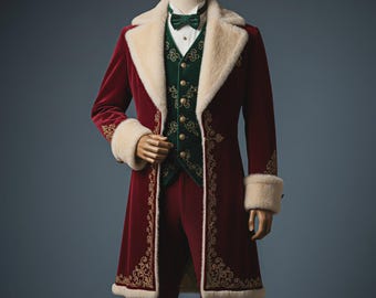 May include: A formal red velvet suit with gold embroidery, a cream-colored fur collar and cuffs, and a green velvet vest with gold buttons. The suit includes a matching bow tie.
