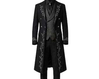 Herren Gothic Schwarz Lange Mantel Set - viktorianischer bestickter Frack, Aristokrat Hochzeits-Outfit, formelle Steampunk-Jacke mit Weste