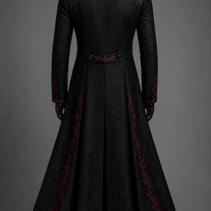This gothic vampire coat showcases a refined Dracula style with rich Victorian gothic suit detailing and a dark aristocrat jacket feel. Crafted as a statement steampunk wedding longcoat, it works perfectly as a masquerade coat for men or a standout cosplay outfit. The design highlights a noble, medieval-inspired silhouette, making it ideal for weddings, costume events, or anyone seeking a bold gothic vampire presence.