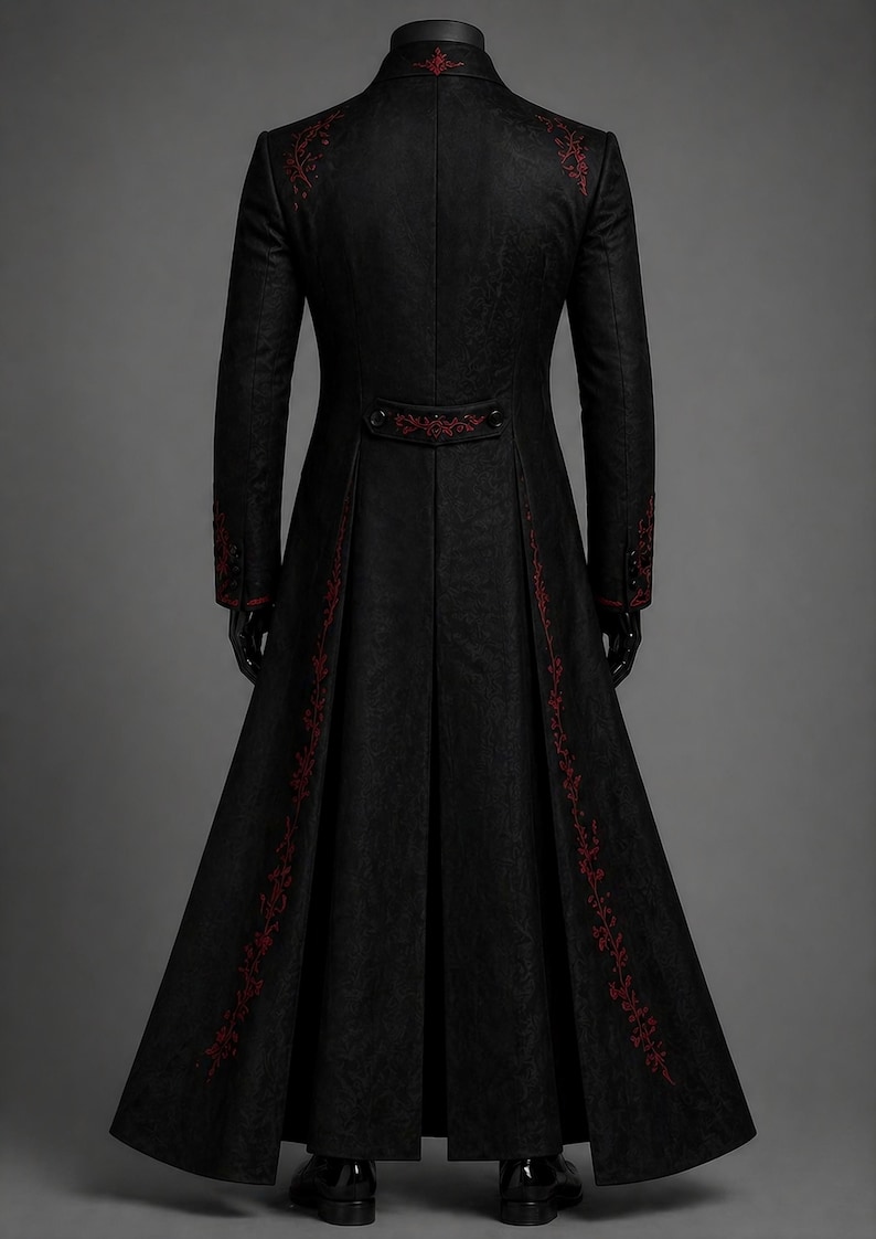 This gothic vampire coat showcases a refined Dracula style with rich Victorian gothic suit detailing and a dark aristocrat jacket feel. Crafted as a statement steampunk wedding longcoat, it works perfectly as a masquerade coat for men or a standout cosplay outfit. The design highlights a noble, medieval-inspired silhouette, making it ideal for weddings, costume events, or anyone seeking a bold gothic vampire presence.