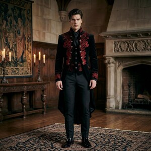 Elevate your style with this Gothic Prince Coat crafted in a Victorian-inspired design with intricate embroidery. This aristocratic wedding outfit combines the charm of a resistance frock suit with modern tailoring, making it ideal for grooms and formal wear. Designed for comfort and impact, this long gothic coat delivers elegance, structure, and a royal presence that enhances every special moment effortlessly.