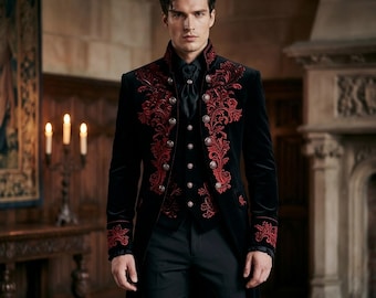 Black Royal Gothic Prince Coat, Victorian Gothic Embroidered Coat for Men, Aristocrat Wedding Dress, Resistance frock Suit, Best For Him