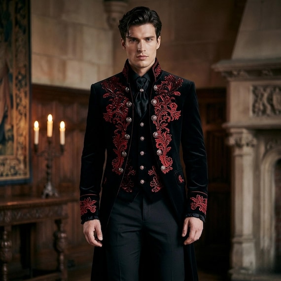 Black Royal Gothic Prince Coat, Victorian Embroidered Aristocrat Wedding Suit