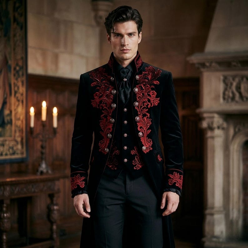 Step into royalty with our Black Royal Gothic Prince Coat, a Victorian gothic embroidered coat for men designed for bold elegance. This aristocrat wedding dress blends vintage luxury with a resistance frock suit style, offering a powerful and refined look. Perfect for weddings, formal occasions, and themed events, this coat features detailed embroidery, premium tailoring, and a commanding silhouette that ensures you stand out with timeless gothic charm.