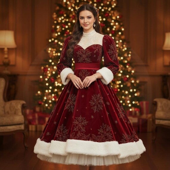 Red Velvet Gothic Christmas Dress | Victorian Embroidered Party Gown - Etsy