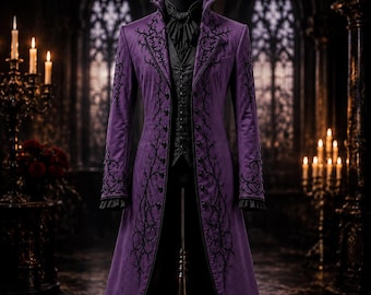Herr Lila Gotisk Viktoriansk Frack Halloweenkostym Vampyr Steampunk Broderad Lång Kappa Cosplay Jacka För Maskeradfest