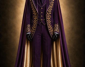 Lila kunglig gotisk kostym med kappa herr viktoriansk vampyrfrack prins bröllopsjacka medeltida kostym steampunk cosplay specialtillverkad kappa
