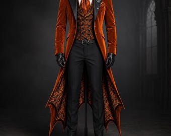 Vampyrkostym Herr, Orange Sammets Dracula Kappa, Gotisk Fladdermusvinge Lång Frackkostym, Maskerad Halloween Mörk Fantasy Fest Cosplay Outfit