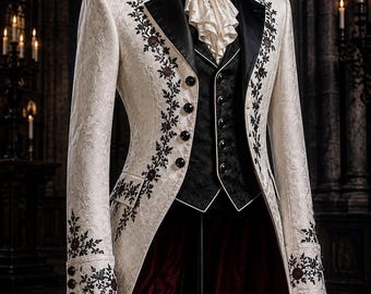 Men's Gothic Victorian Tailcoat, Ivory Embroidered Steampunk Wedding Coat, Vampire Groom Tuxedo Jacket, Victorian Frock Coat, Gothic Suit