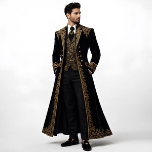 Elevate your special day with this men’s gothic wedding coat, designed for bold grooms who love a dramatic look. This vampire-inspired long trench coat features a royal silhouette and premium cotton fabric for comfort and style. Perfect as a 3-piece groom wear set, custom tuxedo dress, or standout royal prom outfit. Tailored for weddings, themed events, and elegant evening occasions.