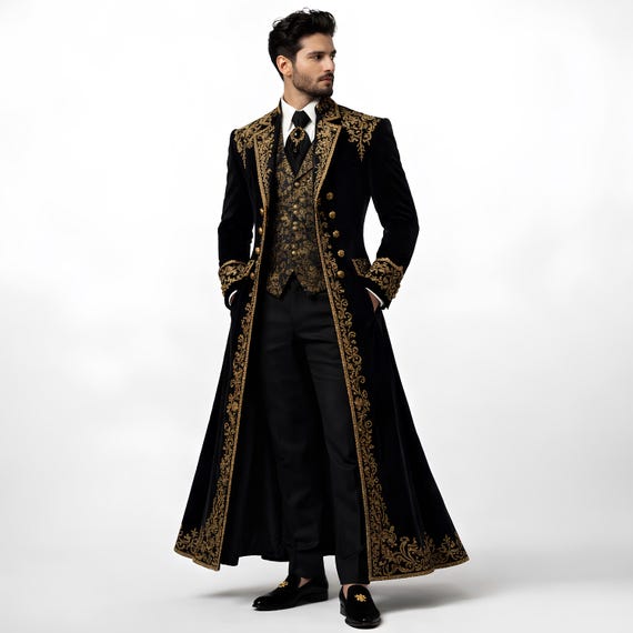Men's Gothic Wedding Coat, Vampire trench long coat, 3 Piece Groom Wear, Custom tuxedo dress, Long Cotton Trench Coat, Royal Prom Outfit