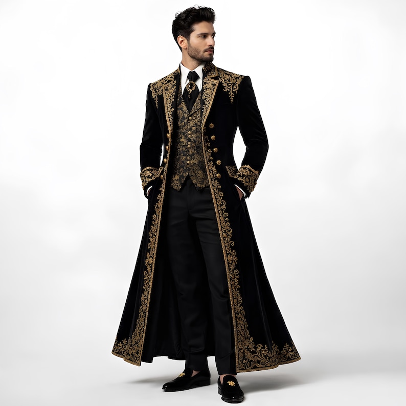 Elevate your special day with this men’s gothic wedding coat, designed for bold grooms who love a dramatic look. This vampire-inspired long trench coat features a royal silhouette and premium cotton fabric for comfort and style. Perfect as a 3-piece groom wear set, custom tuxedo dress, or standout royal prom outfit. Tailored for weddings, themed events, and elegant evening occasions.
