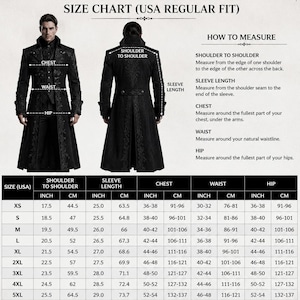 May include: A size chart for a long coat featuring a front and back view of the garment, text labels for measuring points, and a table listing measurements in inches and centimeters for sizes XS through 5XL, including shoulder, sleeve, chest, waist, and hip.