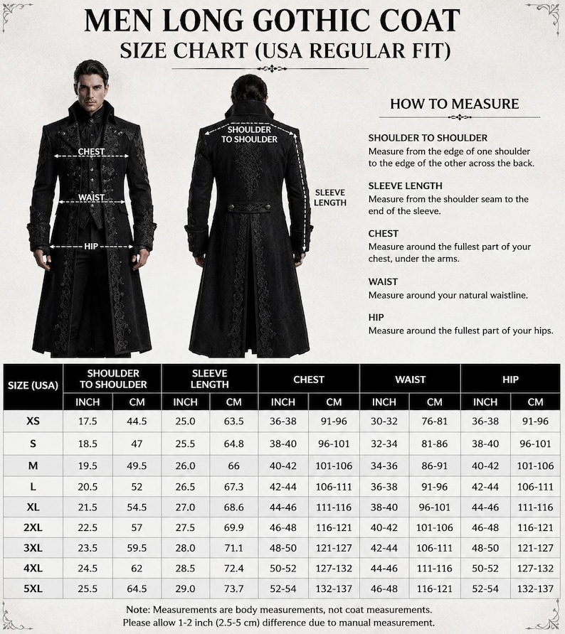 May include: A size chart for a long coat featuring a front and back view of the garment, text labels for measuring points, and a table listing measurements in inches and centimeters for sizes XS through 5XL, including shoulder, sleeve, chest, waist, and hip.