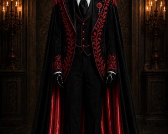 Black Red Gothic Vampire Suit with Cape, Victorian Embroidered Tailcoat, Steampunk Groom Wedding Tuxedo, Dracula Cosplay Custom Outfit Set