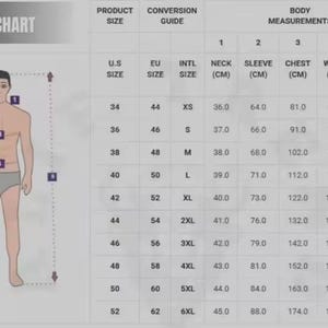 May include: A size chart graphic featuring a stylized human figure outline with numbered measurement indicators. The table displays U.S. sizes 34 through 52, EU sizes 44 through 62, and international sizes XS through 6XL with corresponding body measurements.