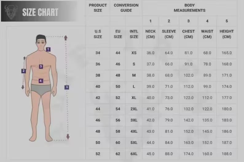May include: A size chart graphic featuring a stylized human figure outline with numbered measurement indicators. The table displays U.S. sizes 34 through 52, EU sizes 44 through 62, and international sizes XS through 6XL with corresponding body measurements.
