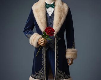 May include: A navy blue velvet coat with a cream-colored faux fur collar and cuffs. The coat features ornate gold embroidery and is paired with a matching vest, trousers, and a green bow tie. A red rose is held in the hand.