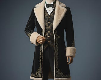 Könnte beinhalten: Ein schwarzer Samtmantel mit cremefarbenem Kunstfellbesatz und goldener Stickerei. Der Mantel wird mit einer passenden Weste und Hose sowie einer schwarzen Fliege kombiniert. Das Outfit wird auf einer Schaufensterpuppe präsentiert.