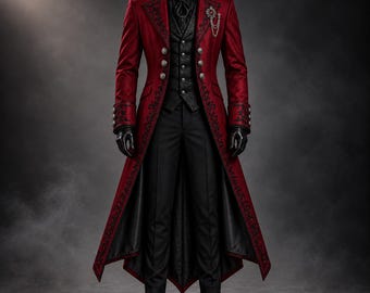Red Black Gothic Tailcoat Men, Victorian Vampire Prince Coat, Embroidered Aristocrat Suit, Gothic Wedding Outfit, Halloween Costume