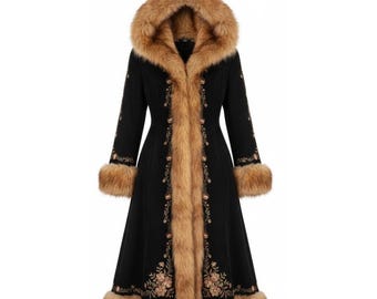 May include: A long black coat with a faux fur-lined hood and trim. The coat features embroidered floral details along the front, cuffs, and hem. The faux fur is a light brown color. The coat has a button-up closure.