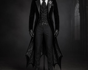 Herr svart sammetsvampyrkostym, gotisk Dracula-frack med fladdermusvinge, perfekt Halloween-maskerad- och mörk fantasy-cosplaydräkt