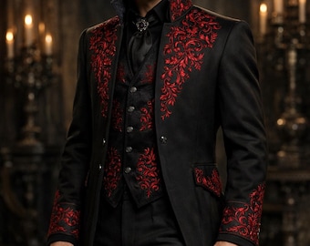 Schwarzer königlicher Gothic Hochzeitsmantel, viktorianischer langer Mantelkleid, roter und schwarzer Steampunk Mantel Barock-Hochzeitsanzug