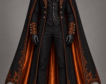 Halloween vampyrkostym kappa herr, orange svart gotisk kappa, Dracula aristocrat festoutfit, viktoriansk broderad djävulskungedräkt