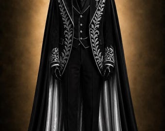 Svart gotisk vampyrkappa för män, viktoriansk kunglig kappa, silverbroderad formell bröllopskappa, Dracula Steampunk Cosplay-kostym frack