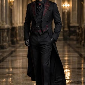 Men's Gothic Wedding Coat, Vampire trench long coat, 3 Piece Groom Wear, Custom tuxedo dress, Long Cotton Trench Coat, Royal Prom Outfit image 1