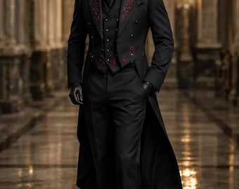 Gotisk herrklänning med vampyrmotiv, lång kappa i trenchcoat-stil, 3-delad brudgumsklänning, specialdesignad smokingklänning, lång bomullstrenchcoat, kunglig baloutfit
