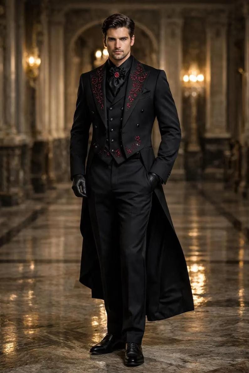 Men's Gothic Wedding Coat, Vampire trench long coat, 3 Piece Groom Wear, Custom tuxedo dress, Long Cotton Trench Coat, Royal Prom Outfit image 1