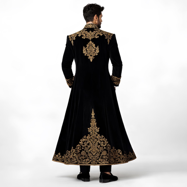 Make a powerful statement with this Victorian-inspired men’s long frock coat, crafted for gothic grooms and formal occasions. This vintage-style overcoat blends royal elegance with modern tailoring, ideal for wedding ceremonies, themed receptions, and luxury prom nights. Designed with premium fabric and sharp detailing, it offers a dramatic silhouette for men who want a bold, aristocratic look.