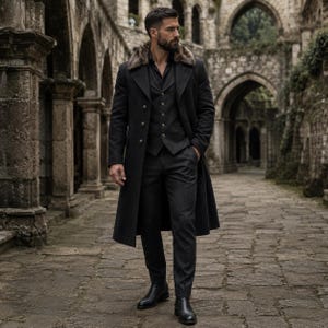 Puede incluir: Un abrigo largo gris carbón con cuello de piel sintética, usado sobre un chaleco a juego con botones, una camisa oscura y pantalones a medida. El conjunto se completa con botas de cuero negro, creando una apariencia estructurada.