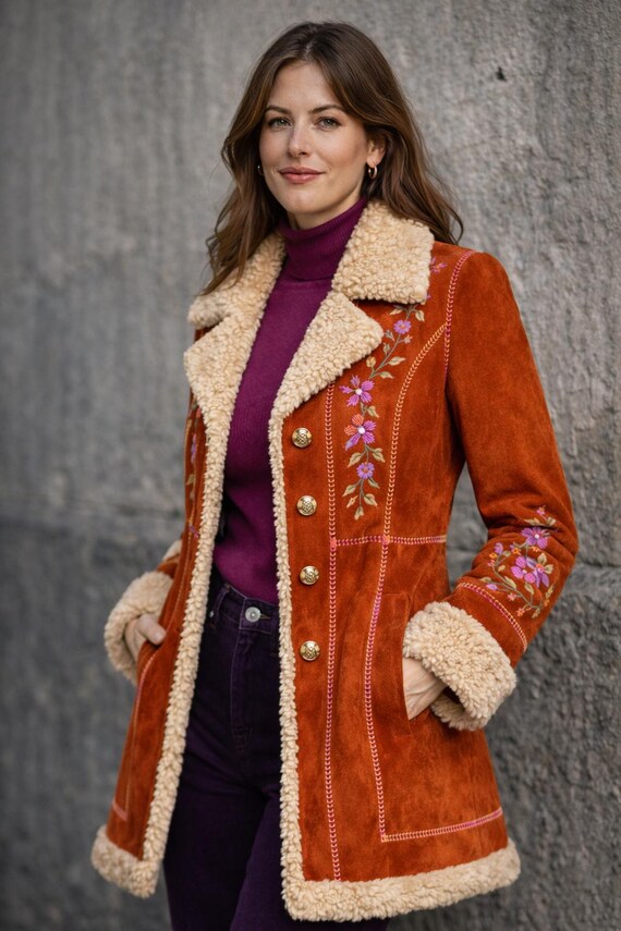 Vintage Brown Afghan Coat for Women – Penny Lane Embroidered Suede