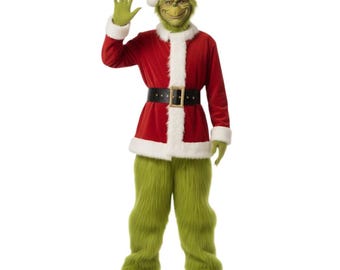 Disfraz de El Grinch: El Grinch robó la Navidad – Disfraz de piel sintética del Grinch de Jim Carrey – Abrigo de Papá Noel navideño del Grinch