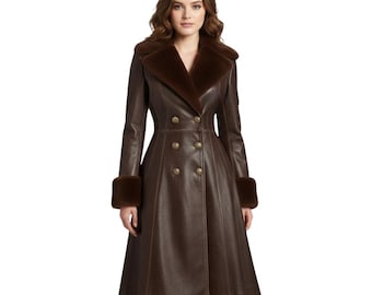 Shearling Style Leather Trench Coat | Double Breasted Winter Overcoat
