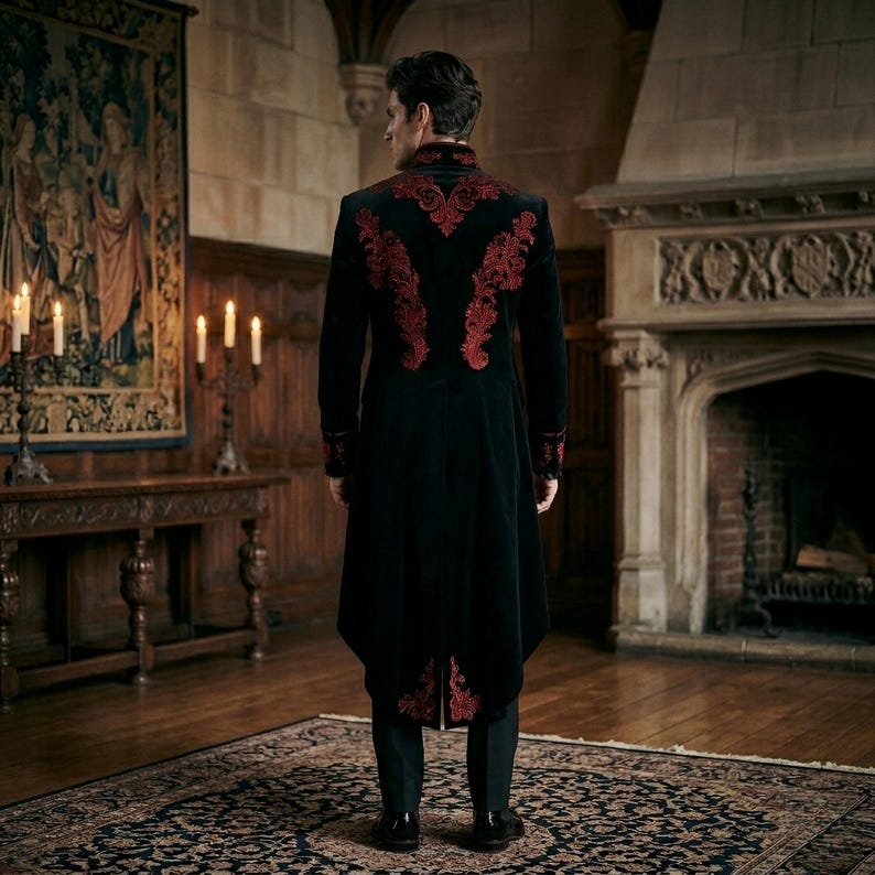 Make a bold statement with this black gothic prince coat, a Victorian embroidered masterpiece created for men who value elegance and individuality. This aristocrat wedding dress features a refined frock coat silhouette with luxurious detailing, perfect for weddings, cosplay, and grand occasions. Designed with precision and premium fabric, it offers a unique blend of classic royal fashion and modern gothic appeal for a standout look.