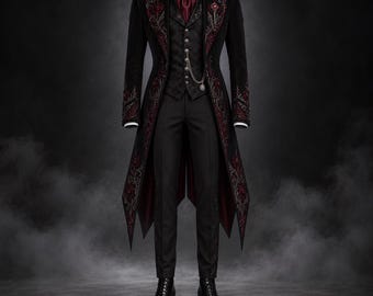 Dracula Vampire Coat Men Gothic Victorian Tailcoat Embroidered Vampire Groom Suit Gothic Wedding Coat Aristocratic Halloween Costume