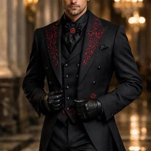 Men's Gothic Wedding Coat, Vampire trench long coat, 3 Piece Groom Wear, Custom tuxedo dress, Long Cotton Trench Coat, Royal Prom Outfit image 2