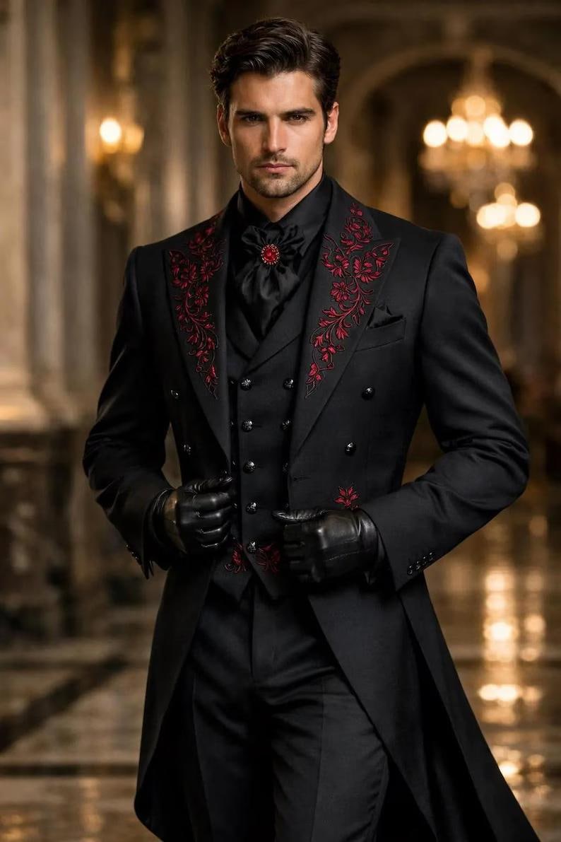 Men's Gothic Wedding Coat, Vampire trench long coat, 3 Piece Groom Wear, Custom tuxedo dress, Long Cotton Trench Coat, Royal Prom Outfit image 2