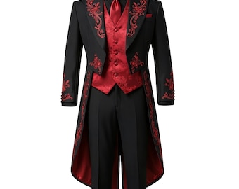 Gothic Vampir Tailcoat Baumwolle - viktorianischer gestickter langer Mantel für Winter, roter und schwarzer Steampunk Mantel, handgemachter Gothic Kostüm Mantel