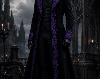 Men's Victorian Gothic Long Coat | Luxury Embroidered Wedding Overcoat | Vampire Lord Costume | Prince Groom Dark Academia Attire