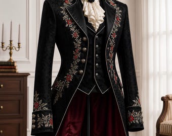 Men's Black Gothic Victorian Tailcoat, Embroidered Steampunk Wedding Coat, Vampire Groom Tuxedo, Victorian Frock Coat, Gothic Jacket